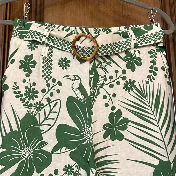 NEW Linen Blend Macaw Elegance Green Cream Leafy Tropical Print Wide Leg Pants S - Picture 4 of 17